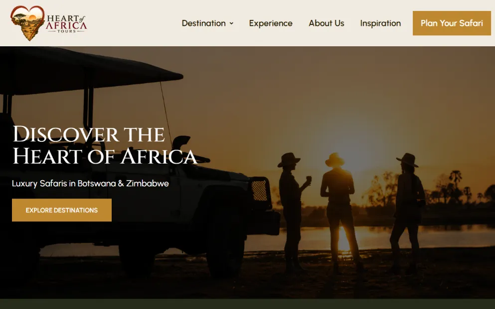 Homepage of the Heart of Africa Tours website.