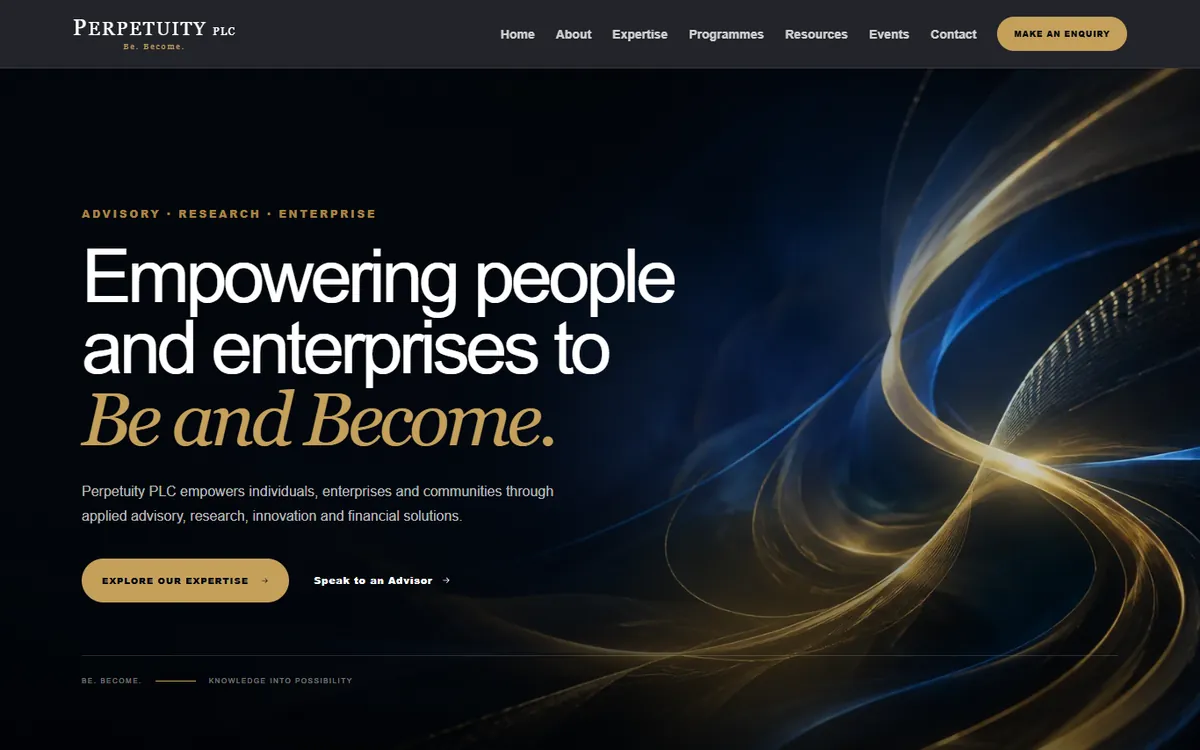 Homepage of the Perpetuity PLC website.